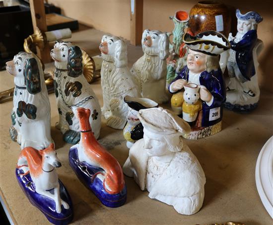 Group of Staffordshire pottery figures, 3 toby jugs & a souffle glazed vase(-)